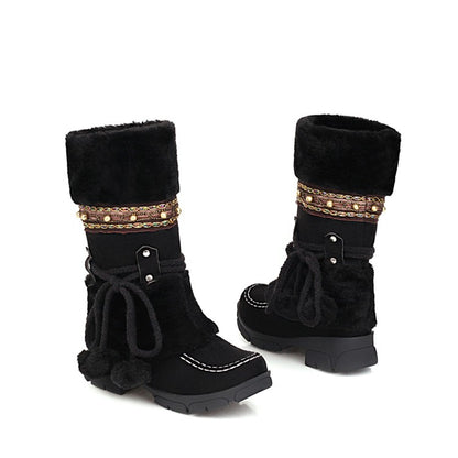 Flock Round Toe Rivets Tied Straps Furry Ball Block Chunky Heel Platform Mid-Calf Boots for Women