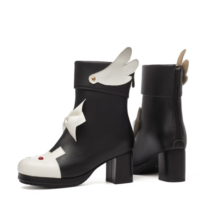 Lolita Bicolor Bow Tie Wings Block Chunky Heel Platform Ankle Boots for Women