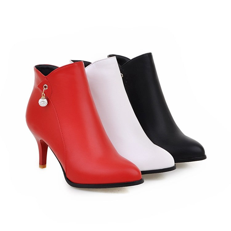 Pu Leather Pointed Toe Rhinestone Kitten Heel Short Boots for Women