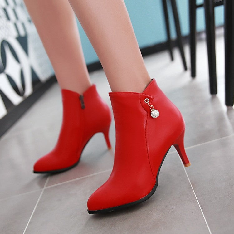 Pu Leather Pointed Toe Rhinestone Kitten Heel Short Boots for Women