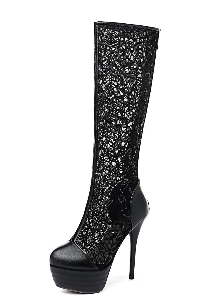 Round Toe Lace Back Zippers Stiletto Heel Platform Mid-Calf Boots for Women
