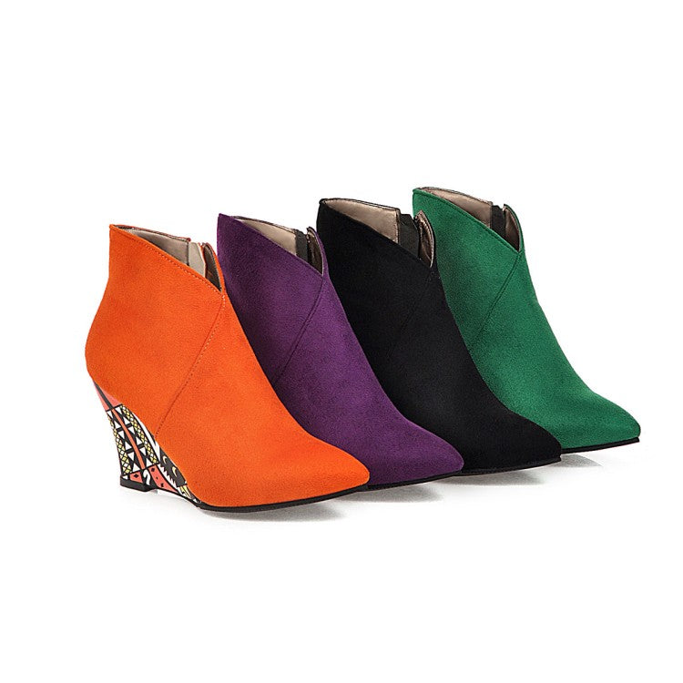 Ladies Suede Pointed Toe Ethnic Wedge Heel Short Boots