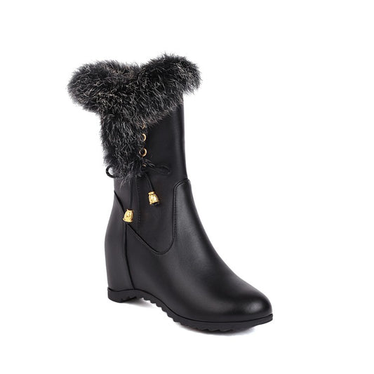 Pu Leather Round Toe Fur Side Zippers Inside Heighten Wedge Heel Mid Calf Boots for Women