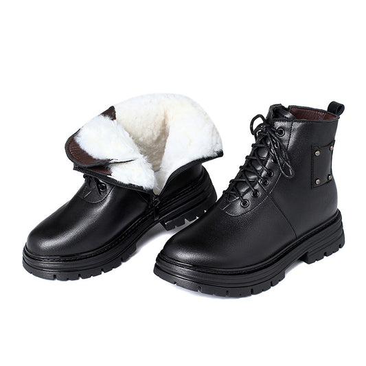 Ankle Boots Lace-Up Warm Wool Fluff Flats Booties for Women