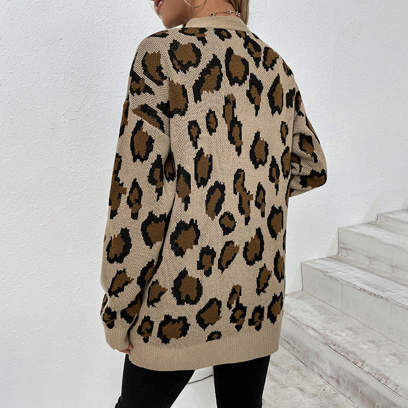 Cardigans Kniting Leopard Patterns Long Sleeves Pockets for Women