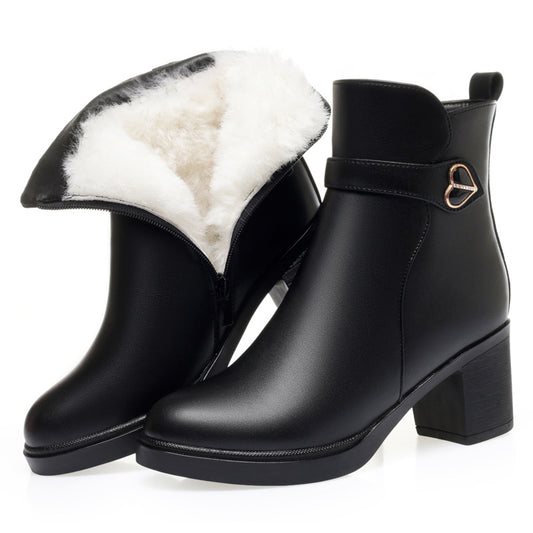 Ankle Boots Love Hearts Warm Wool Fluff Block Chunky Heel Booties for Women