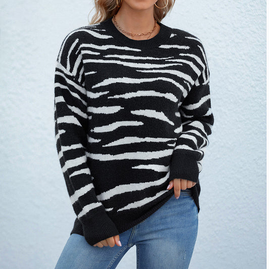 Ladies Sweaters Kniting Round Bows Pullover Zebra Long Sleeves