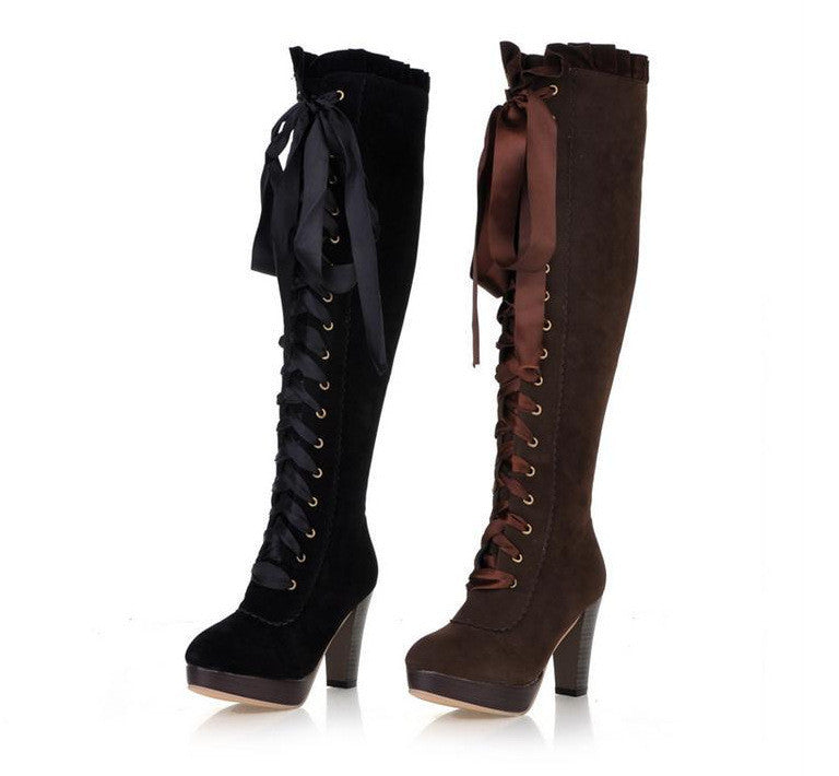 Ribbons Lace Up Platform Knee High Boots High Heels 4140