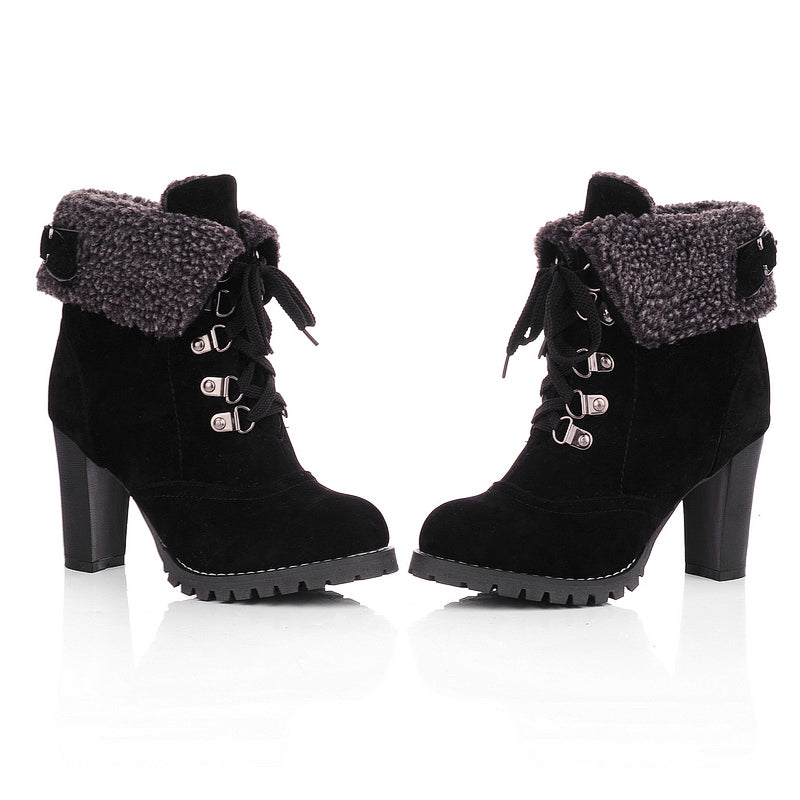 Purfle Buckle Lace Up Ankle Boots High Heels Shoes 9627