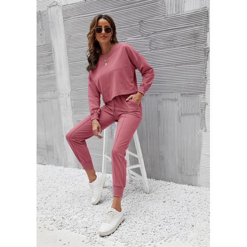 Womens Solid Color Long Sleeve Tops Pants Two Pieces Sports Suit