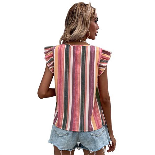 Womens V-neck Rainbow Stripe Top Shirt