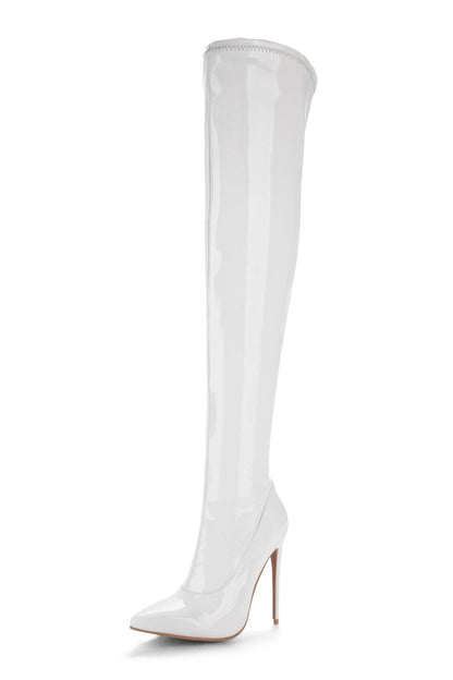 Women Patent Leather Pointed Toe Stitching Side Zippers Stiletto Heel Over the Knee Boots