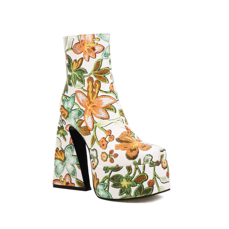 Women Pu Leather Square Toe Flora Printed Triangle Heel Platform Short Boots