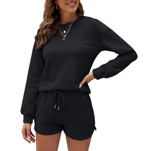 Women Long Sleeve T Shirt Tops Shorts Solid Color Home Two-piece Suit