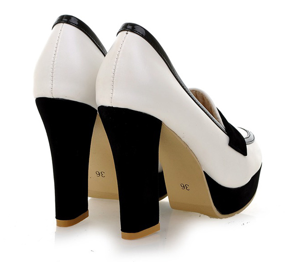 Women Platform Pumps Black and White Pu Leather High Heels Shoes Woman 3409