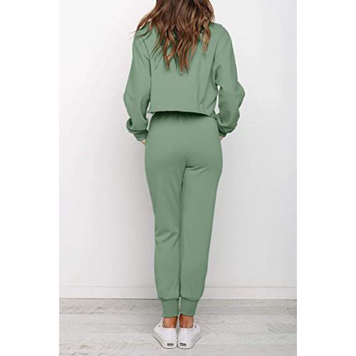 Womens Solid Color Long Sleeve Tops Pants Two Pieces Sports Suit