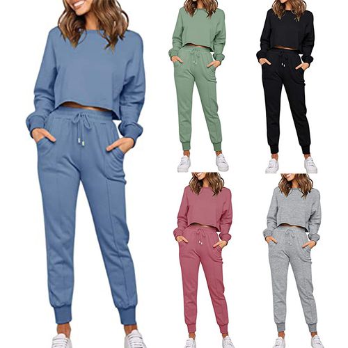 Womens Solid Color Long Sleeve Tops Pants Two Pieces Sports Suit