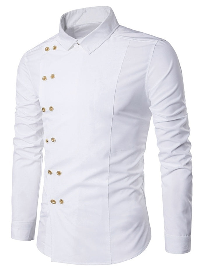 Double-breasted Turndown Collar Long Sleeve Men Shirt 2488