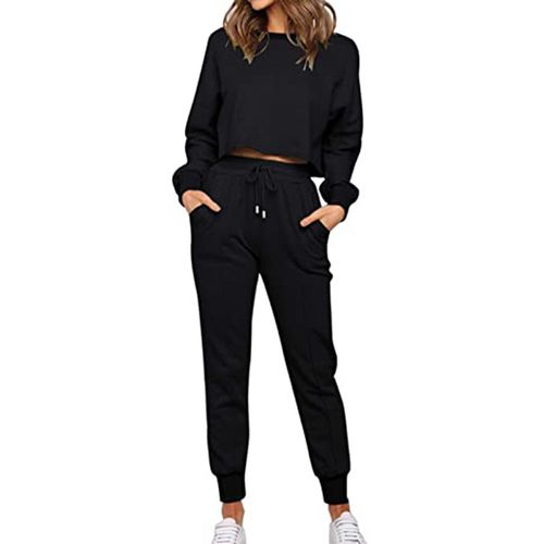 Womens Solid Color Long Sleeve Tops Pants Two Pieces Sports Suit