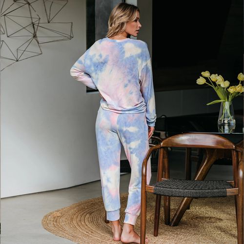 Womens Gradient Pajamas Tie-dye Long-sleeved Pullover Tops Trousers Home Two-piece Suit