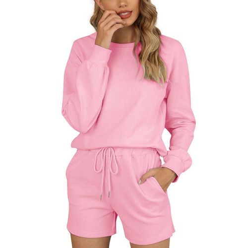 Women Long Sleeve Shorts Sweater Pajamas Two-piece Suit Linen Cotton Home Wear with Pockets