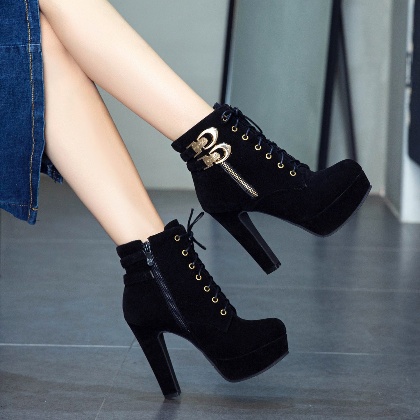 Women Ankle Boots Lace Up Buckle High Heels Shoes Woman 2016 3556