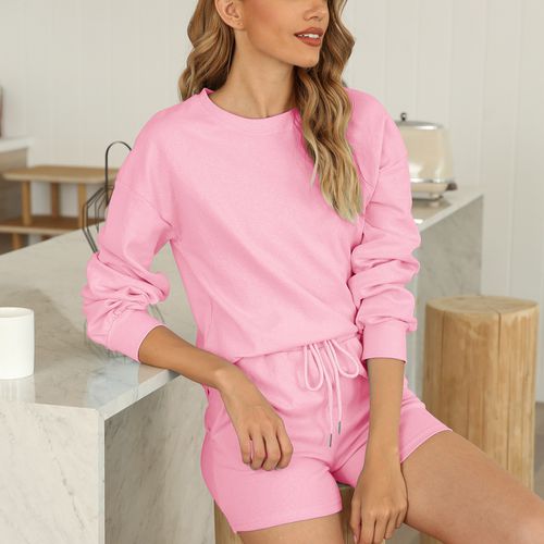 Women Long Sleeve Shorts Sweater Pajamas Two-piece Suit Linen Cotton Home Wear with Pockets