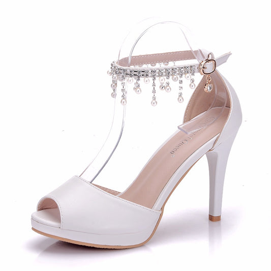 Women Peep Toe Beads Rhinestone Ankle Strap Bridal Wedding Stiletto Heel Platform Sandals