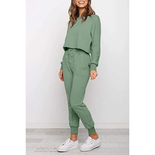 Womens Solid Color Long Sleeve Tops Pants Two Pieces Sports Suit