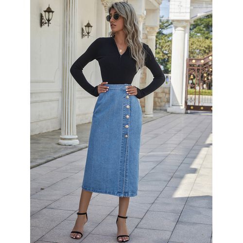 Ins Fashion High Waist Single Breasted Denim Women Skirts