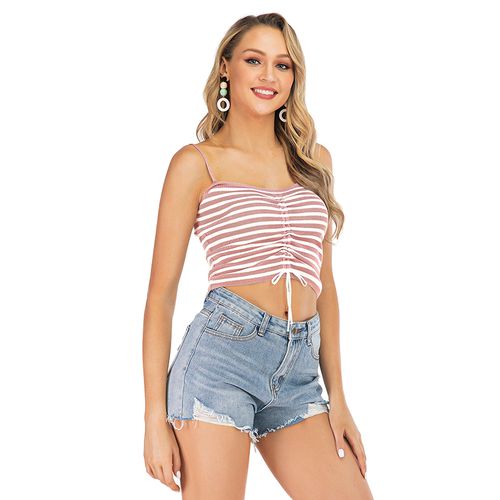 Sexy Pleated Halter Vest with Lace Up Stripe Sleeveless Drawstring Top for Women