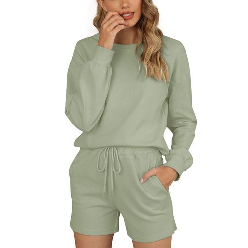 Women Long Sleeve Shorts Sweater Pajamas Two-piece Suit Linen Cotton Home Wear with Pockets