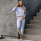 Womens Gradient Pajamas Tie-dye Long-sleeved Pullover Tops Trousers Home Two-piece Suit