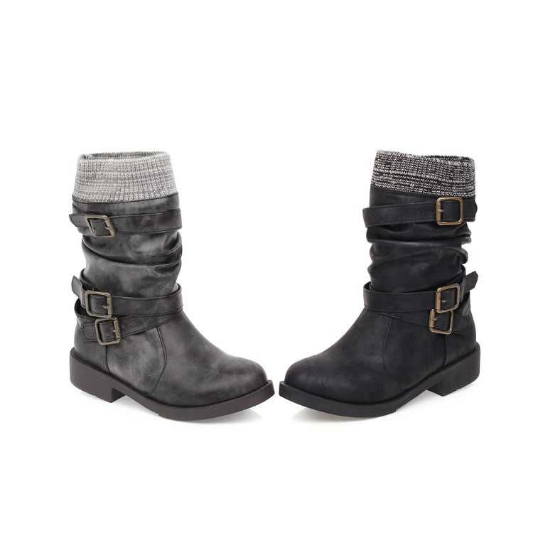 Women's Mid Calf Motorcycle Boots Low-heeled