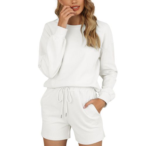 Women Long Sleeve Shorts Sweater Pajamas Two-piece Suit Linen Cotton Home Wear with Pockets