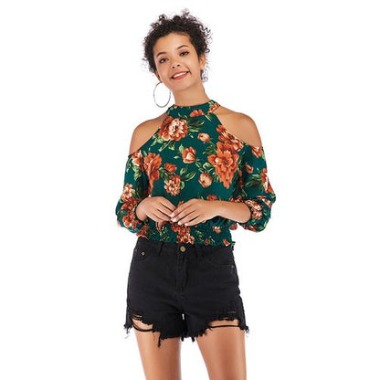Sexy Off-the-shoulder Round Neck Spring Slim Print Jacket Women Chiffon Shirt Blouses