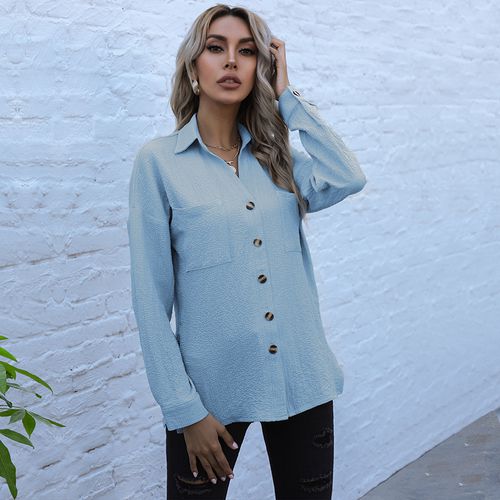 Women Solid Color Shirt Single-breasted Long Sleeved Blouse