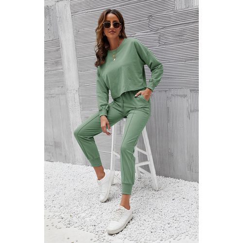 Womens Solid Color Long Sleeve Tops Pants Two Pieces Sports Suit