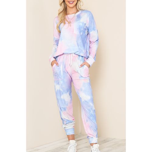 Womens Gradient Pajamas Tie-dye Long-sleeved Pullover Tops Trousers Home Two-piece Suit