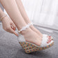 Women Lace Ankle Strap Peep Toe Woven Wedge Heel Platform Sandals
