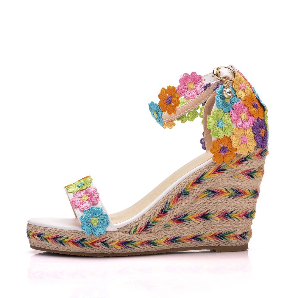 Women Flower Wedge Heel Plus Size Platform Sandals