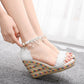 Women Lace Pearls Rhinestone Tassel Ankle Strap Woven Wedge Heel Platform Sandals