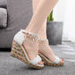 Women Lace Pearls Rhinestone Tassel Ankle Strap Woven Wedge Heel Platform Sandals