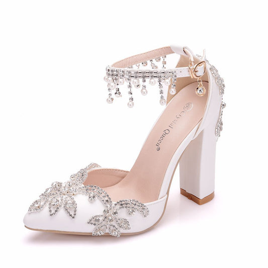 Women Pointed Toe Crystal Block Heel Ankle Strap Tassel Rhinestone Wedding Sandals