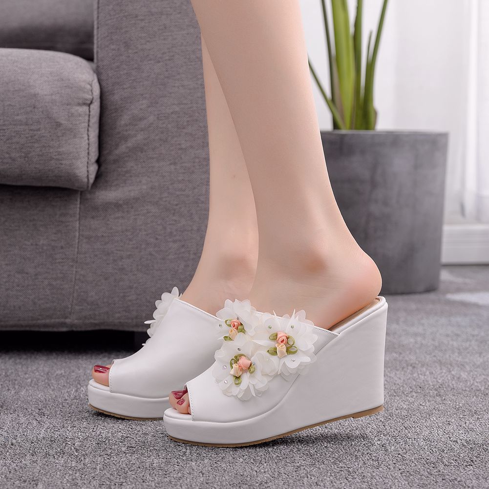 Women Flower Peep Toe Wedge Heel Platform Slides