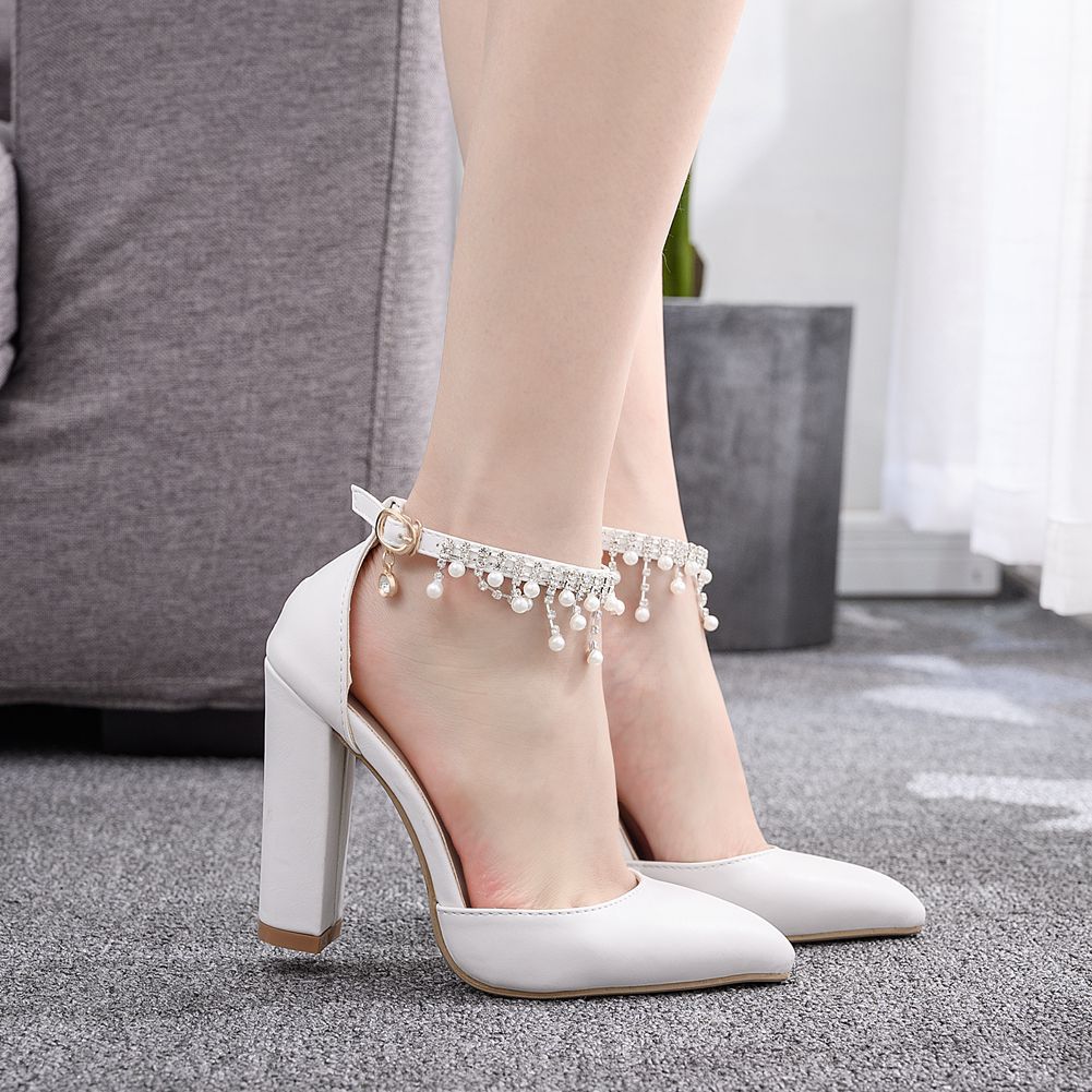 Women Beads Tassel Pointed Toe Shallow Block Heel Sandals