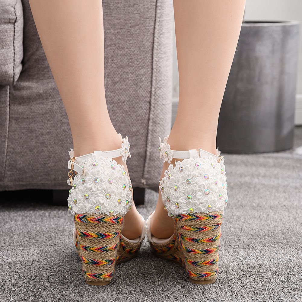 Women Rhinestone Lace Peep Toe Ankle Strap Wedge Heel Platform Sandals
