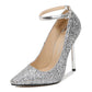 Ladies Sequins Pointed Toe Shallow Ankle Strap Stiletto Heel Pumps