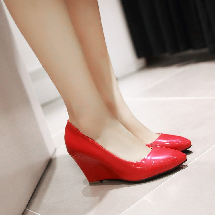 Ladies Heels Patent Leather Platform Wedge Shoes