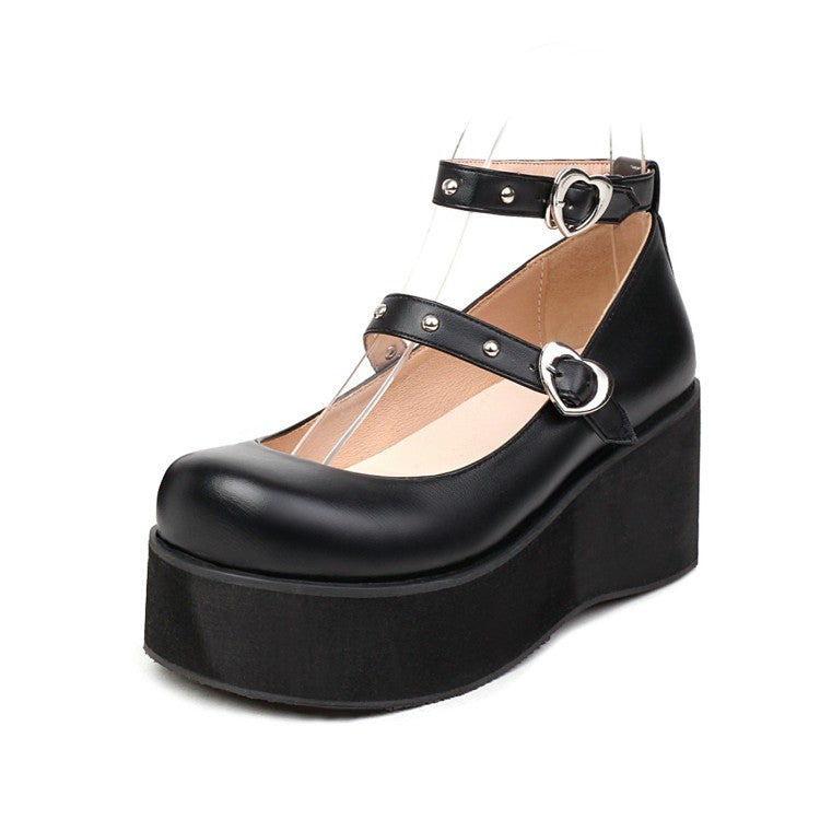 Ladies Lolita Round Toe Ankle Strap Platform Flats Shoes